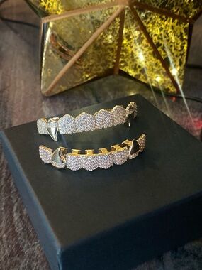 ICED OUT PAVE ENCRUSTED FANG GRILL YELLOW GOLD GP SET NEW BOX !!